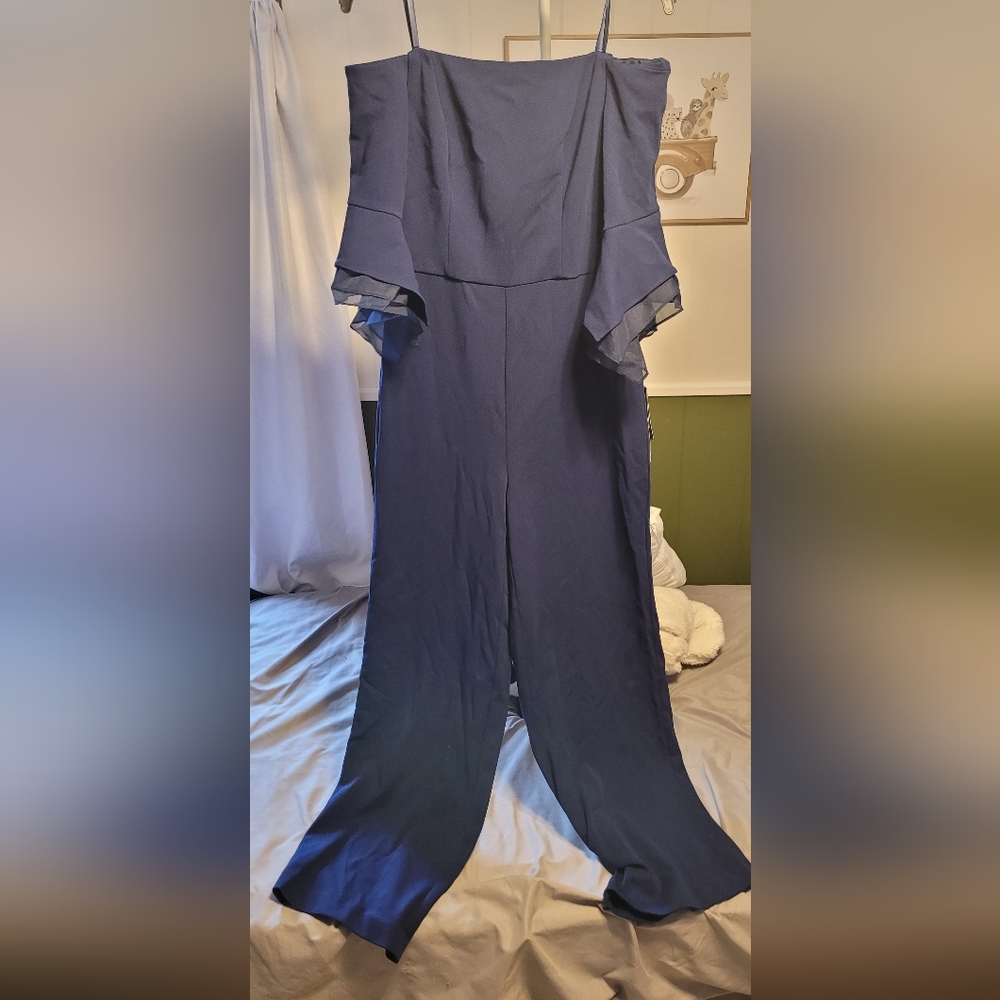 Adrianna Papell Blue Jumpsuit Sleek Long Sleeve Design